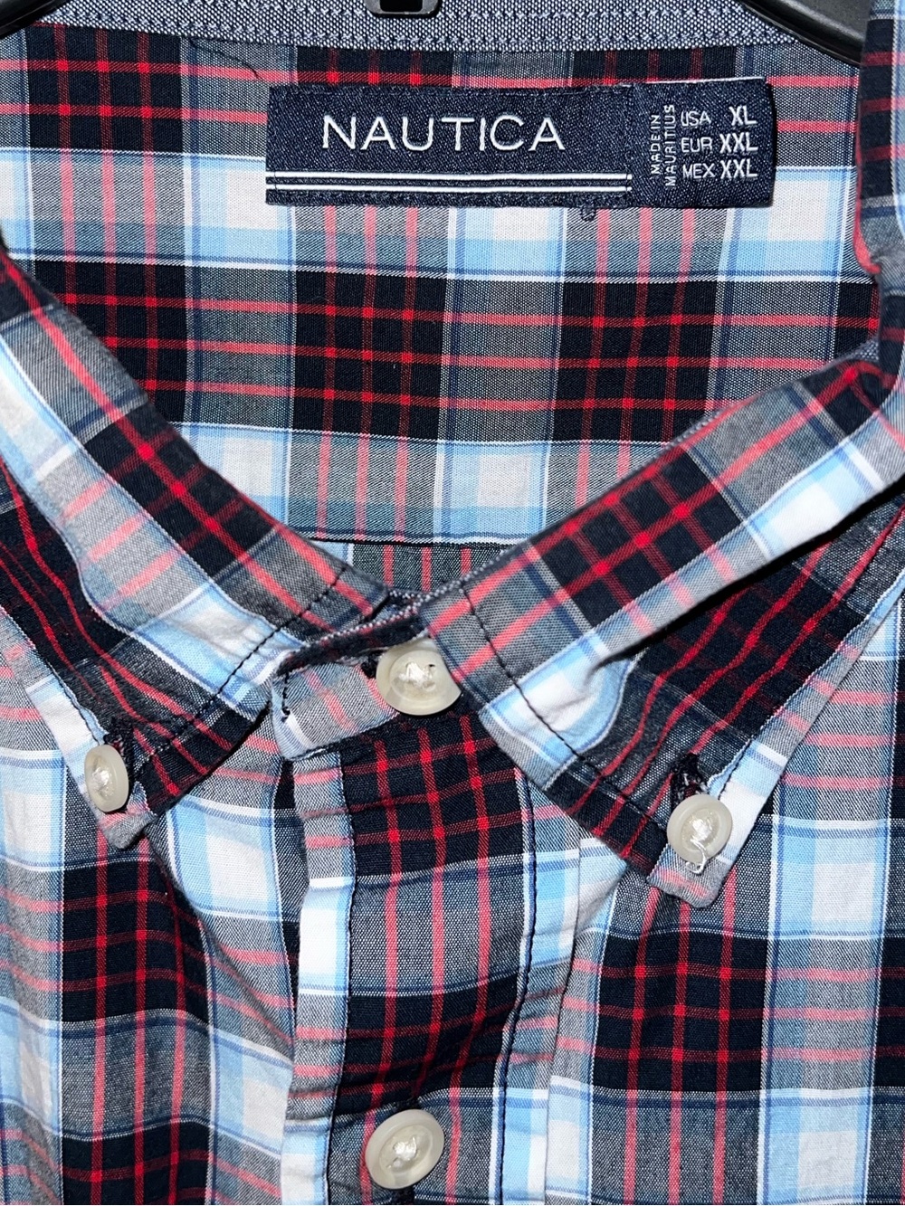 Nautica Red & Navy Plaid Coastal Short Sleeve Button Up Casual Shirt Size XL - Picture 3 of 4